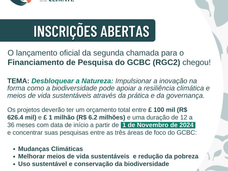 Está aberta a segunda chamada de financiamento para pesquisa do GCBC (RGC2)